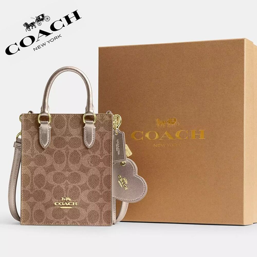 🎁 Coach Boxed Mini Tote Bag And Mirror Bag Charm Set In Signature Canvas